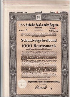 Set 10 Land Bayern München 1941 SV 1000 Reichsmark VF/VF
