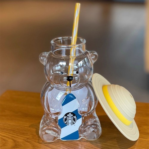 New Starbucks Korea 2022 Summer Yellow Hat Bear 473ml Glass Straw Cup Tumbler!A+ - Picture 8 of 8