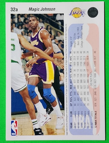 1992-93 Upper Deck Basketball Card #32a Magic Johnson Los Angeles Lakers NM - Imagen 2 de 2