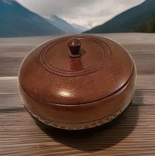 Vtg Dark Turned Wood Trinket Box Lidded Round Handcrafted D McGiffin Stash Box 