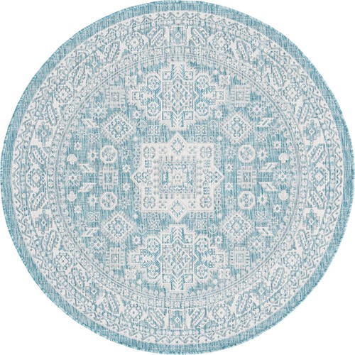 Outdoor Aztec Collection Area Rug - Chalca (5' 3" Round, Aqua/ Ivory) - Picture 2 of 6