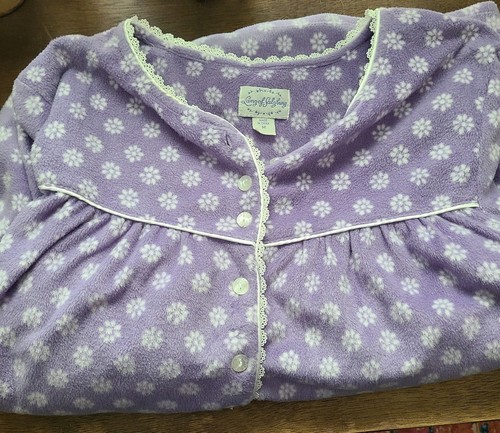Lanz of Salzburg House Nightgown Medium Purple Floral Fleece Buttons Pockets 