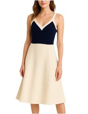 Vintage Women’s Ivory Navy Knit Color Block V-Neck Fit & Flare Tank Dress Size S