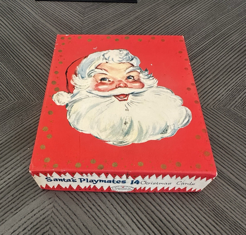 Tarjeta de Navidad vintage caja vacía Papá Noel Papá Noel compañeros de juego buena limpieza - Imagen 1 de 6