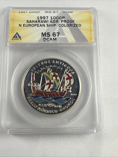 Saharawi 1997 Proof 1000 Pesetas Nordic Boat Ship silver coin - ANACS MS 67 DCAM - Picture 2 of 7