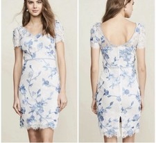 NWT Marchesa Notte Floral Cap Sleeve Corded Lace Cocktail Dress Ivory Blue 0