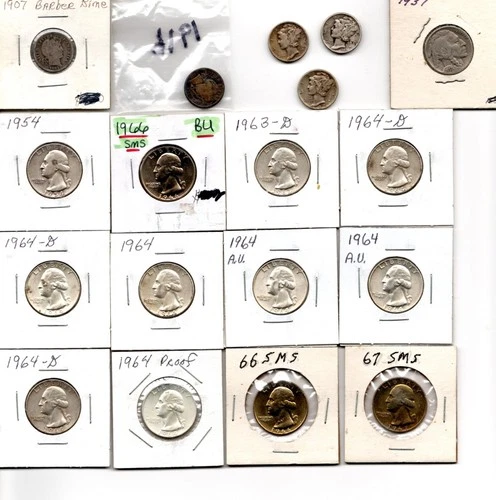 12 Wash. Quarters, 1937 Buffalo, 1907 & 1916 Barber Dimes, 3 Merc, Dimes