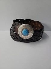 Vintage Aimee Lynn Belt Bonded Leather Braided Brown Silver Tone Buckle Blue M/L