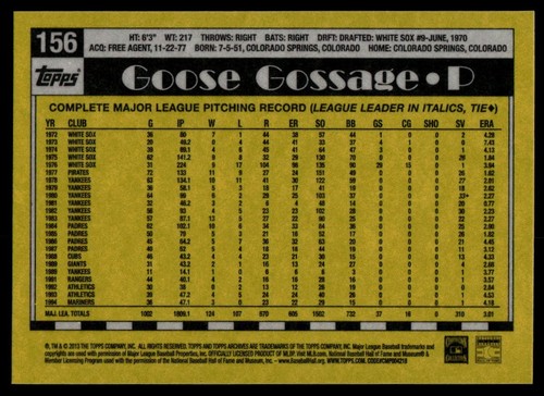 2013 Topps Archives #156 Goose Gossage New York Yankees - Bild 2 von 2