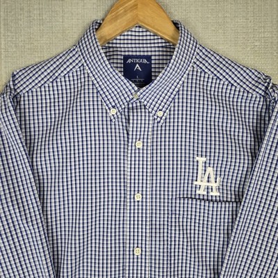 ANTIGUA x LA DODGERS Size Large Mens Sport Shirt Blue Gingham Check Cotton/Poly