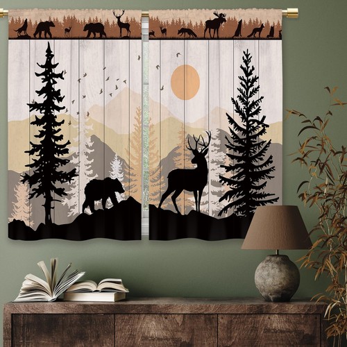 Farmhouse Forest Cabin Kitchen Curtains Rustic Wooden Small Short Cafe Window... - Picture 7 of 9