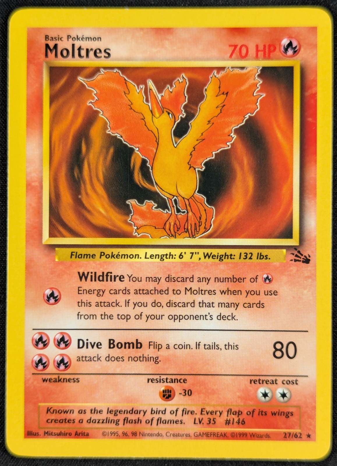 Moltres 1999 Vintage WotC Regular Rare Fossil Pokemon Card 27/62 (NM)