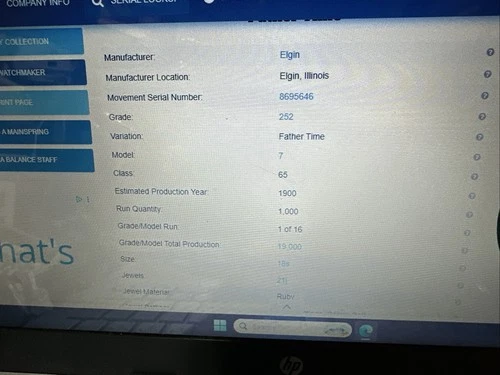 ANTIQUE 18s ELGIN GRADE 252 21 JEWEL 21J FATHER TIME POCKET Watch G2U