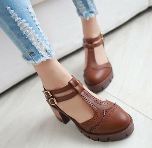 Womens Ladies Block High Heel Mary Jane Round Toe Oxford Retro Shoes - Picture 10 of 12