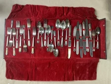 Vintage Silver Plated Flatware Set With Red Velvet Roll Case Knives Forks Spoons