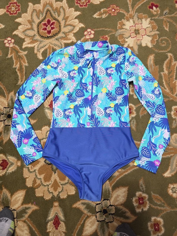 Girls Sz 10-12 Long Sleeve Zip Front Tropical Print Swimsuit