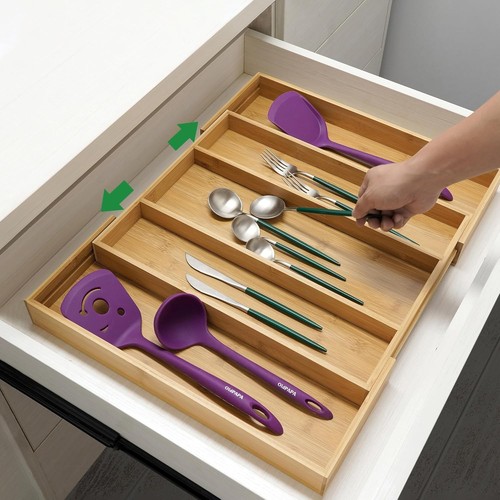 Bamboo Drawer Organizer Expandable - Adjustable Utensil Cutlery Tray Divider - Picture 2 of 8
