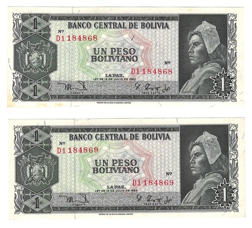 1962 Banco Central De Bolivia Un Peso Boliviano one Peso 2 Consec. Uncirc. Notes