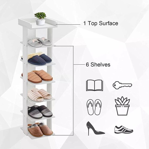 Wooden Single Row 7 Tier Shoe Rack Narrow Tall Shoe Cabinet Shelf Footwear Stand - Picture 8 of 14