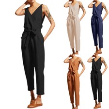 Plus Size Womens Sleeveless V-Neck Jumpsuit Summer Casual Drawstring Playsuit