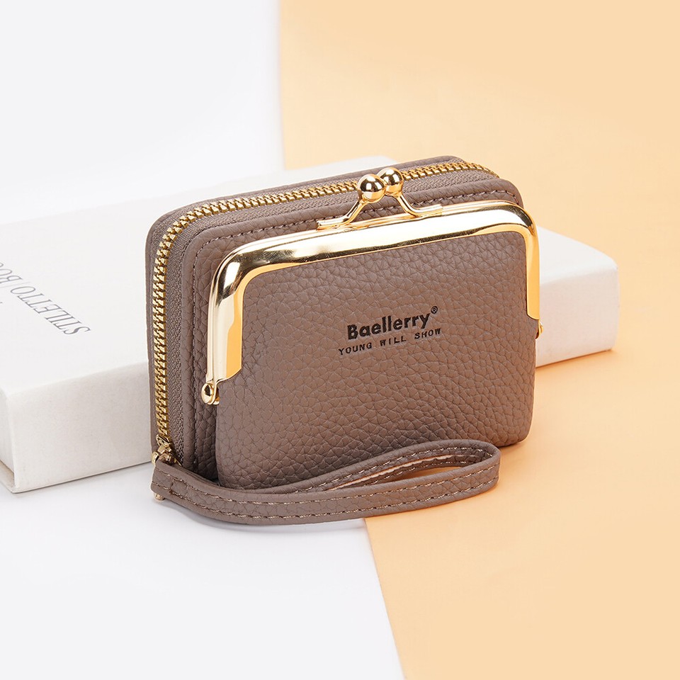 Women's Small Leather Wallet Metal Frame Double Clasp Zipper Coin Change Purse