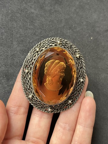 Vintage Amber Glass Intaglio Gold Tone Cameo Seed Pearl Golden Brooch Pin 2” - Bild 3 von 9