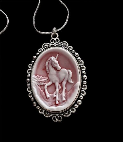 Vintage Pink Unicorn Cameo Necklace Pendant, Sterling Silver Chain, Frosted Pink