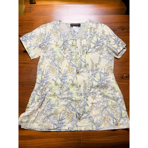 Baby Phat Scrub Top Light Yellow Floral Textured Fabric Size Small - Picture 1 of 6