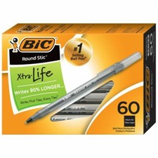 BiC Round Stic Xtra-Life Black Pens Medium 60 ct GSM609 13162