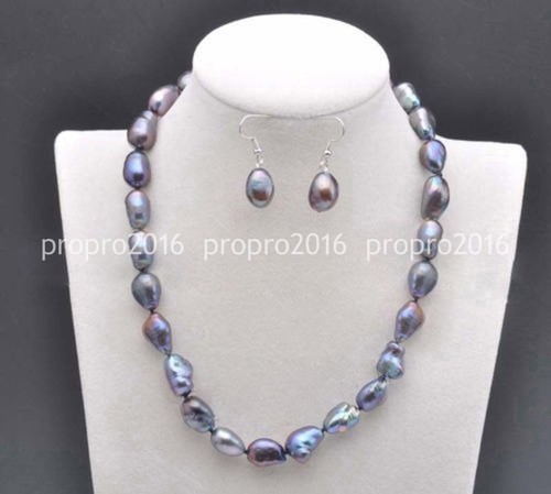 7-8/8-9/9-10mm Natural Black Freshwater Baroque Pearl Necklace Earrings Set - Picture 6 of 9