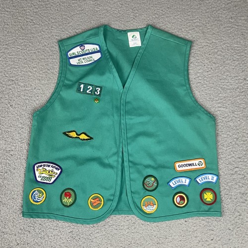 Vintage Girl Scouts Of America Vest Large Green Junior Scout Uniform Patches Vtg