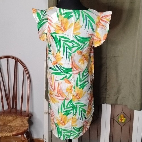 Nicole Miller 100% Leinen Tropical Grün Orange Print V-Ausschnitt Leinen Neu mit Etikett Größe XS - Bild 4 von 6