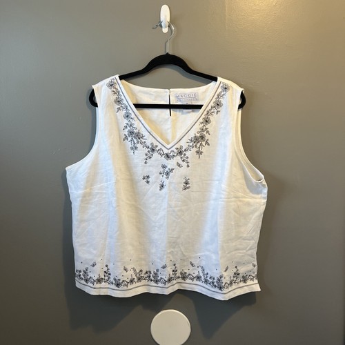 Maggie McNaughton Sleeveless Embroidered Top Womens 3X White 100% Washable Linen - Picture 14 of 24