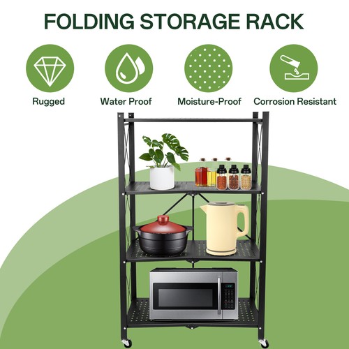 Foldable Storage Shelves 3/4-Tier Metal Rack with Swivel Wheels for Home Kitchen - Picture 3 of 16