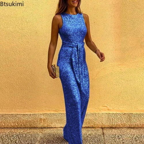 New 2025 Women Elegant Sleeveless Sequined Glitter Shiny Jumpsuit Trousers Wide - Picture 2 of 18