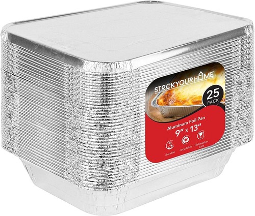 Foil Pans with Lids - 9x13 Aluminum Covers 25 Pack w/ Lids, Silver