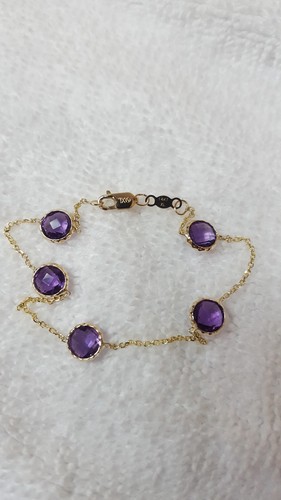 14k Yellow Gold Bracelet 7+ with Amethyst 6mm round checkabord both side. Lobste - Picture 2 of 6