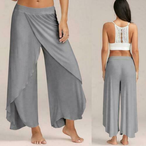 Damen Palazzohose mit Schlitz ausgestellt weites Bein hoch locker Chiffon Harem Yogahose - Bild 8 von 17