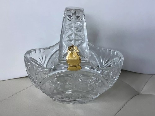 Imperlux Hand cut Crystal Basket Bowl Floral Etched Heavy Vintage 24% Lead