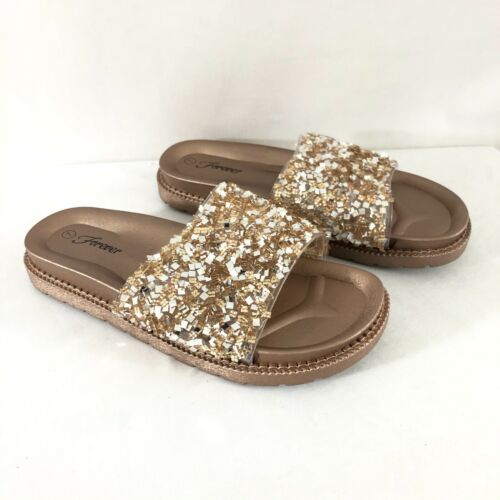 Forever Womens Sandals Slide Rubber Beaded Sequin Gold Size 7