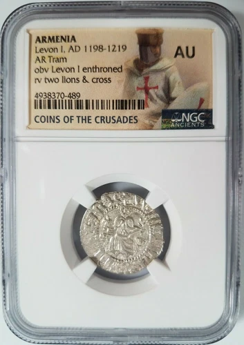 Levon I Armenia NGC AU Silver Tram Medieval Knights Templar Crusader Cross Lion