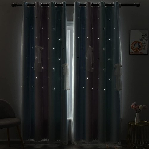 2 Layer Gradient Stars Blackout Curtains Kids Girls Bedroom Living Room 2Panels - Picture 26 of 30