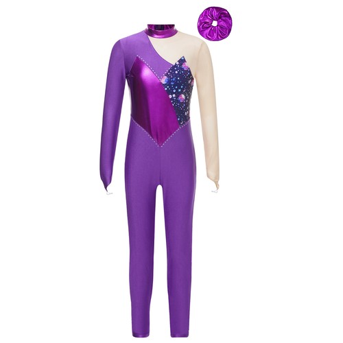 Girls Dancewear Patchwork Printed Set Figure Skating Outfits Mock Neck Bodysuit - Picture 58 of 66