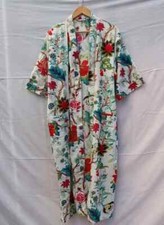 Indian White Floral Print Cotton Robes Long Kimono Sleepwear Night Kimono Robes