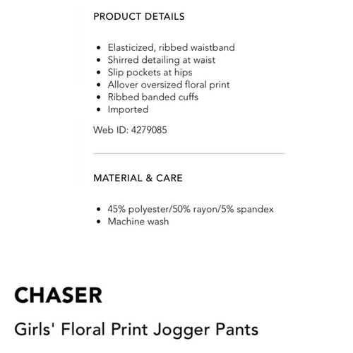 Chaser NWT Little Girls Size 4 Sunburst Floral Print Jogger Pants - Picture 3 of 10