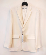 £100 Zara Oyster White Oversize Linen Mix Blazer Jacket Size Xs Best Fit Size 8