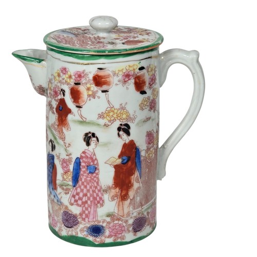 Japanese Chocolate Pot Geisha Girl Green Pitcher Tea Lid Porcelain Vintage Decor - Picture 5 of 18