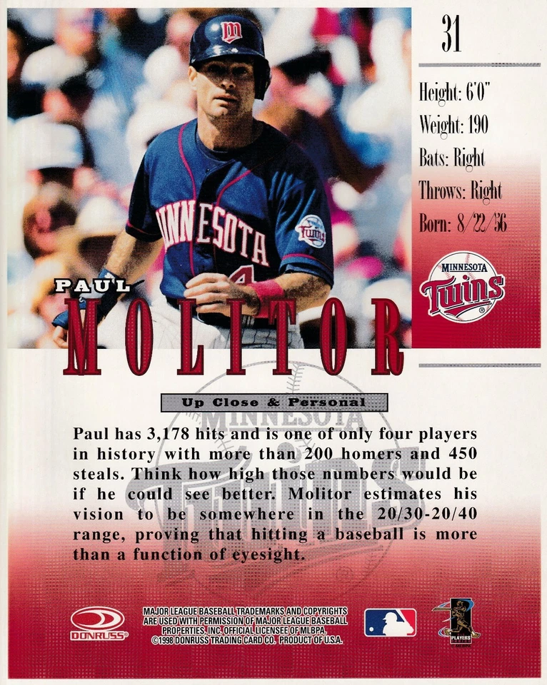 1998 DONRUSS STUDIO 8 X 10 ПОЛ МОЛИТОР МИННЕСОТА БЛИЗНЕЦЫ ГИГАНТСКИЙ JUMBO КАРТА (A-G) - Изображение 2 из 2