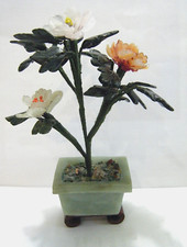 Sweet 6" Vintage 60s Chinese Jade Agate Rose Quartz Small Bonsai Flower Tree