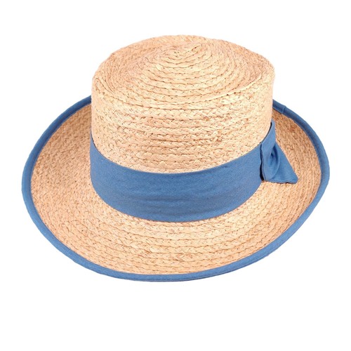 Womens Natural Raffia High Crown Boater Straw Hat Woven Straw Blue Bow One-Size - Picture 1 of 5